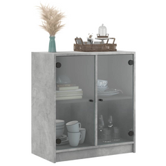 Side Cabinet with Glass Doors - Modern Concrete Grey Storage Unit, 68x37x75.5 cm