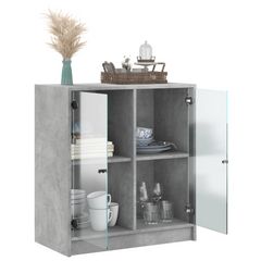 Side Cabinet with Glass Doors - Modern Concrete Grey Storage Unit, 68x37x75.5 cm