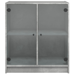 Side Cabinet with Glass Doors - Modern Concrete Grey Storage Unit, 68x37x75.5 cm