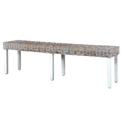 160 cm Bench in White and Natural Kubu Rattan with Solid Mango Wood Legs - Elegant and Comfortable Seating for Your Home