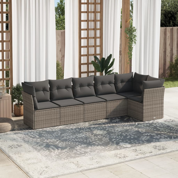 6 Piece Grey Poly Rattan Garden Sofa Set with Cushions - Outdoor Patio Furniture