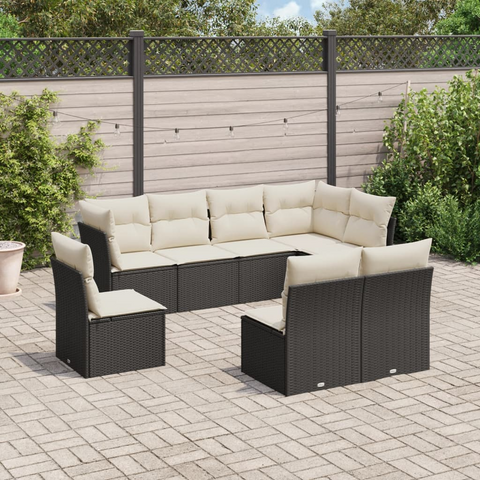 8 Piece Garden Sofa Set with Cushions - Black Poly Rattan Outdoor Furniture