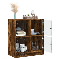 Side Cabinet with Glass Doors, Smoked Oak Finish - 68x37x75.5 cm | Elegant Storage Solution for Home & Office