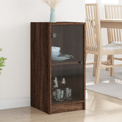 Stylish Side Cabinet with Glass Doors - Brown Oak, 35x37x75.5 cm | Perfect for Modern Living Spaces