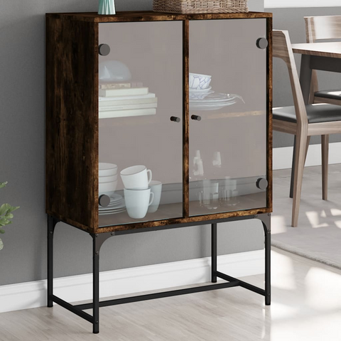 Smoked Oak Side Cabinet with Glass Doors - Elegant & Durable Storage Solution (69x37x100 cm)