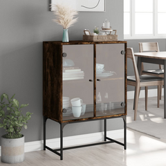 Smoked Oak Side Cabinet with Glass Doors - Elegant & Durable Storage Solution (69x37x100 cm)