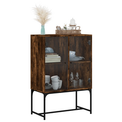 Smoked Oak Side Cabinet with Glass Doors - Elegant & Durable Storage Solution (69x37x100 cm)