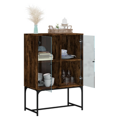 Smoked Oak Side Cabinet with Glass Doors - Elegant & Durable Storage Solution (69x37x100 cm)