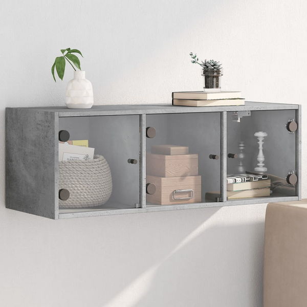 Stylish Wall Cabinet with Glass Doors in Concrete Grey - 102x37x35 cm | Modern Storage Solution