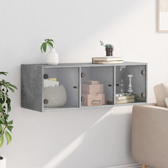 Stylish Wall Cabinet with Glass Doors in Concrete Grey - 102x37x35 cm | Modern Storage Solution