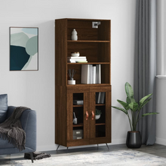 Modern Highboard in Brown Oak Finish - 69.5x34x180 cm | Durable Engineered Wood & Metal Feet | Ample Storage Cabinet with Practical Doors