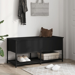 Black Engineered Wood Storage Bench - 100x42.5x47 cm | Versatile & Sturdy Hallway Organizer with Adjustable Feet