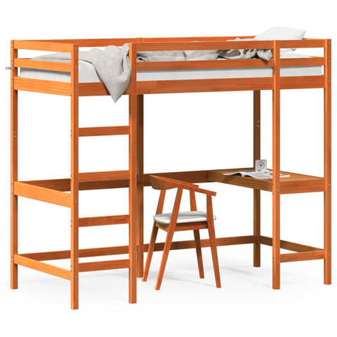 Loft Bed Wax Brown Solid Pine Wood 90x200 cm - Space-Saving Design with Built-in Desk and Guardrails