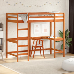 Loft Bed Wax Brown Solid Pine Wood 90x200 cm - Space-Saving Design with Built-in Desk and Guardrails