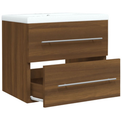 Engineered Wood Sink Cabinet with Built-in Ceramic Basin, Brown Oak - Compact Bathroom Storage Solution