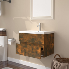 Sink Cabinet with Built-in Basin in Smoked Oak Engineered Wood - Stylish & Practical Bathroom Storage Solution