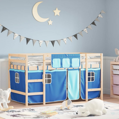 Kids' Loft Bed with Blue Curtains - 80x200cm Solid Pine Wood, Space-Saving Design, Safety Guardrails