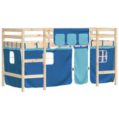 Kids' Loft Bed with Blue Curtains - 80x200cm Solid Pine Wood, Space-Saving Design, Safety Guardrails