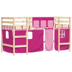 Kids' Loft Bed with Playful Pink Curtains - Solid Pine Wood, Safety Guardrails, Space-Saving Design (90x190cm)