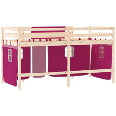 Kids' Loft Bed with Playful Pink Curtains - Solid Pine Wood, Safety Guardrails, Space-Saving Design (90x190cm)