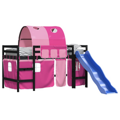 Kids' Loft Bed with Fun Slide, Tunnel & Curtains - Pink, 90x190 cm, Solid Pine Wood, Single Bed for Girls