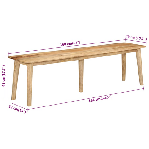 160x40x45 cm Solid Mango Wood Bench - Sturdy & Stylish Seating for Hallway or Living Room