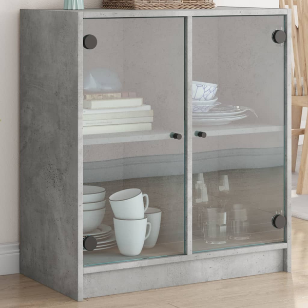 Side Cabinet with Glass Doors - Modern Concrete Grey Storage Unit, 68x37x75.5 cm