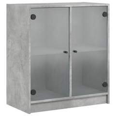 Side Cabinet with Glass Doors - Modern Concrete Grey Storage Unit, 68x37x75.5 cm