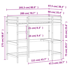 Loft Bed Wax Brown Solid Pine Wood 90x200 cm - Space-Saving Design with Built-in Desk and Guardrails