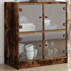 Side Cabinet with Glass Doors, Smoked Oak Finish - 68x37x75.5 cm | Elegant Storage Solution for Home & Office