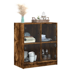 Side Cabinet with Glass Doors, Smoked Oak Finish - 68x37x75.5 cm | Elegant Storage Solution for Home & Office