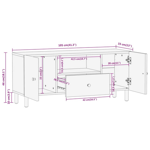 Solid Mango Wood TV Cabinet - 105x33x46 cm - Rustic Media Console with Iron Legs