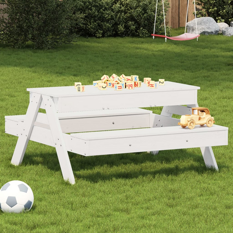 White Solid Wood Pine Picnic Table with Hidden Sandpit for Kids - Durable Outdoor Play Furniture