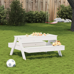 White Solid Wood Pine Picnic Table with Hidden Sandpit for Kids - Durable Outdoor Play Furniture