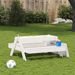 White Solid Wood Pine Picnic Table with Hidden Sandpit for Kids - Durable Outdoor Play Furniture