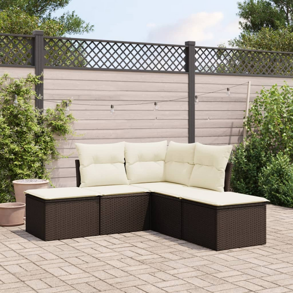 5 Piece Garden Sofa Set with Cushions - Brown Poly Rattan Outdoor Furniture