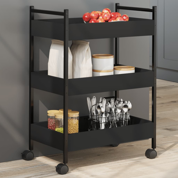 Black Kitchen Trolley - Versatile 50x30x70 cm Engineered Wood Storage Cart on Wheels