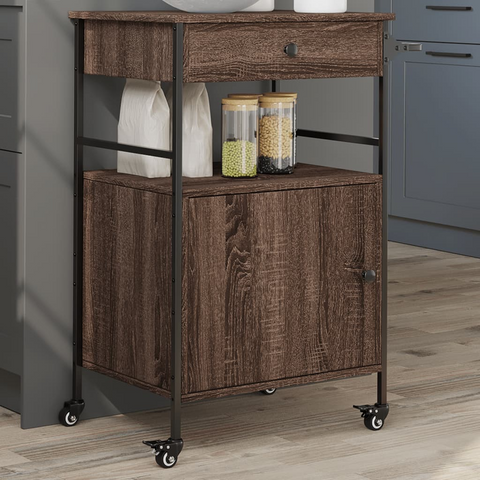 Brown Oak Kitchen Trolley 56x43x89.5 cm - Durable Engineered Wood with Steel Frame, Ample Storage & Easy Mobility