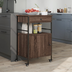 Brown Oak Kitchen Trolley 56x43x89.5 cm - Durable Engineered Wood with Steel Frame, Ample Storage & Easy Mobility