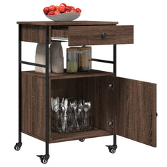 Brown Oak Kitchen Trolley 56x43x89.5 cm - Durable Engineered Wood with Steel Frame, Ample Storage & Easy Mobility