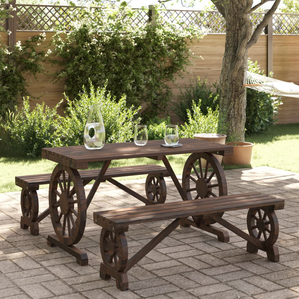 3 Piece Garden Dining Set - Solid Fir Wood with Burnt Finish | Stylish Wagon Wheel Design | Durable & Attractive Outdoor Furniture Set