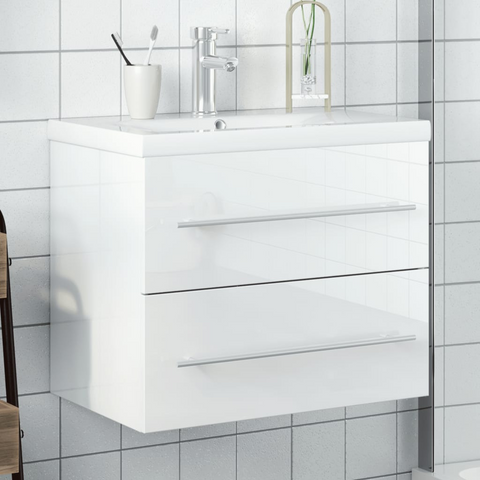 High Gloss White Bathroom Sink Cabinet with Built-in Ceramic Basin - Wall-Mounted, Ample Storage, Easy to Clean