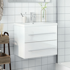 High Gloss White Bathroom Sink Cabinet with Built-in Ceramic Basin - Wall-Mounted, Ample Storage, Easy to Clean