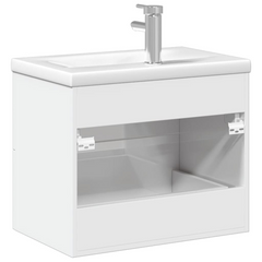 High Gloss White Bathroom Sink Cabinet with Built-in Ceramic Basin - Wall-Mounted, Ample Storage, Easy to Clean