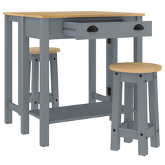 3 Piece Grey Solid Wood Pine Bar Set with Foldable Tabletop and Comfortable Seating