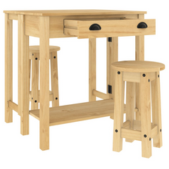 3 Piece Bar Set | Solid Pine Wood | Rustic Design | Foldable Tabletop | Ideal for Kitchen & Dining