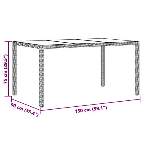 Garden Table with Glass Top - Black, 150x90x75 cm, Durable Poly Rattan for Outdoor Use