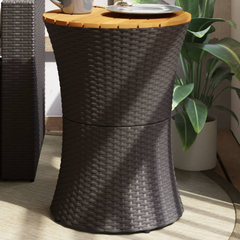 Garden Side Table Drum Shape | Black Poly Rattan & Solid Wood | Stylish Outdoor Furniture