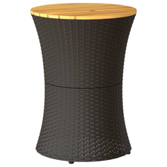 Garden Side Table Drum Shape | Black Poly Rattan & Solid Wood | Stylish Outdoor Furniture