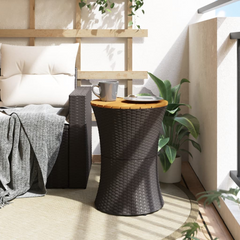 Garden Side Table Drum Shape | Black Poly Rattan & Solid Wood | Stylish Outdoor Furniture